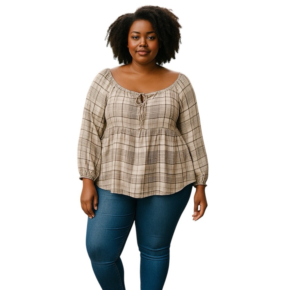 AVLN STUDIO | Beige Brown Plaid Boho‎ Off Shoulder Top Size XXL 100% Cotton